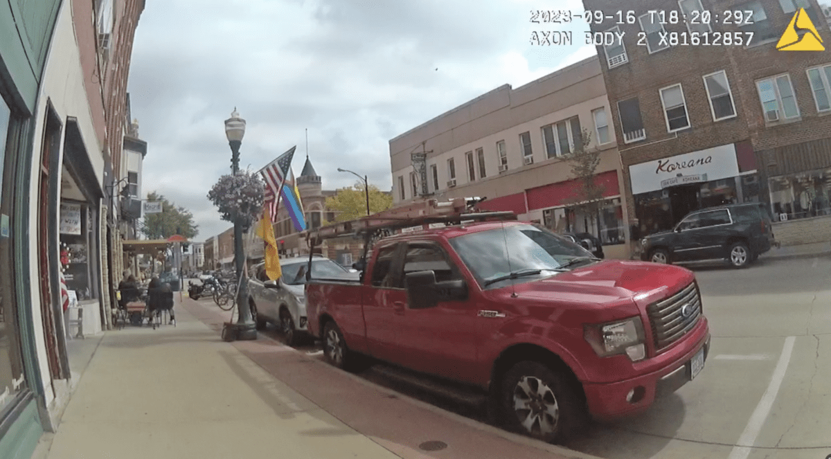 This photo, taken by a Decorah police officer and used as evidence during Hansen’s court case, shows how Hansen affixed the Gadsden flag to the city’s light pole in front of Club 45 in September 2023. Hansen was originally charged with trespassing on government property, because after he was made aware of the violation, he refused to remedy it, according to court documents. But, that charge was later amended to a municipal infraction, because the City reportedly didn’t want Hansen to incur a criminal charge for the incident.