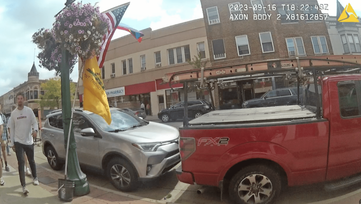 This photo, taken by a Decorah police officer and used as evidence during Hansen’s court case, shows how Hansen affixed the Gadsden flag to the city’s light pole in front of Club 45 in September 2023. Hansen was originally charged with trespassing on government property, because after he was made aware of the violation, he refused to remedy it, according to court documents. But, that charge was later amended to a municipal infraction, because the City reportedly didn’t want Hansen to incur a criminal charge for the incident.